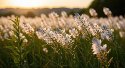 Obraz premium Serene Field of White Wildflowers at Sunset.