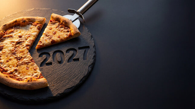 Cheese pizza slices on black slate with 2027 marking for casual party food delivery menu new year celebration concept for web banners social media layouts seasonal advertising campaign headers