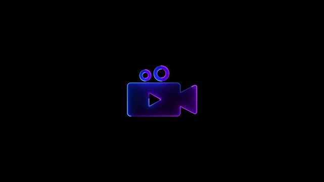Light glowing neon video camera icon video animation. Photography camera video camera on black background. color video camera icon video motion.