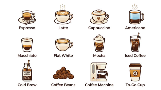 Various types of coffee drinks.
