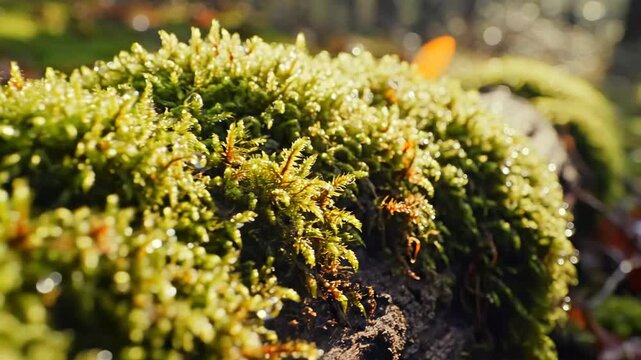 Sunlit green moss carpet with dew, intimate macro study of forest floor showing glistening droplets on cushiony moss, warm golden light, soft bokeh background, ideal for botanist field study