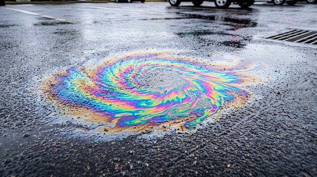 Vibrant rainbow oil slick on wet asphalt surface