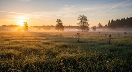 Fototapeta premium Serene sunrise over misty green landscape.