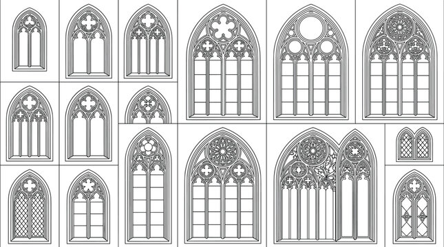 Collection of Gothic architectural window tracery drawings with pointed arches, rose motifs, and ornate medieval patterns