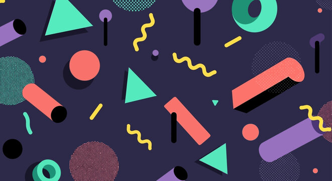 retro geometric shapes seamless pattern on dark background 80s memphis design