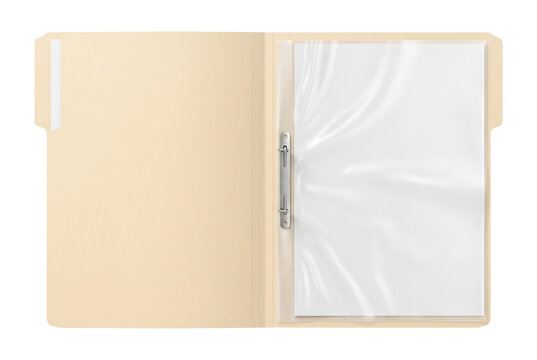 Open beige manila file folder with clear plastic sheet protector. Isolated on transparent background, png