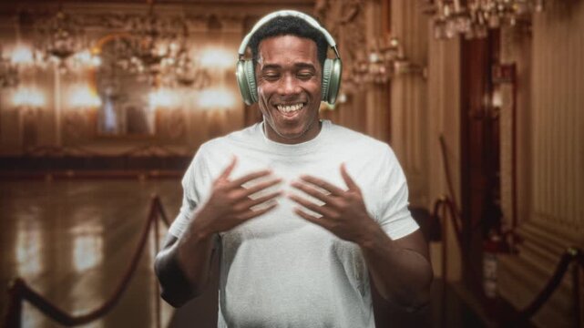 Man with headphones holds hands to chest and smiles, palms visible, in ornate building; gratitude warmth.
