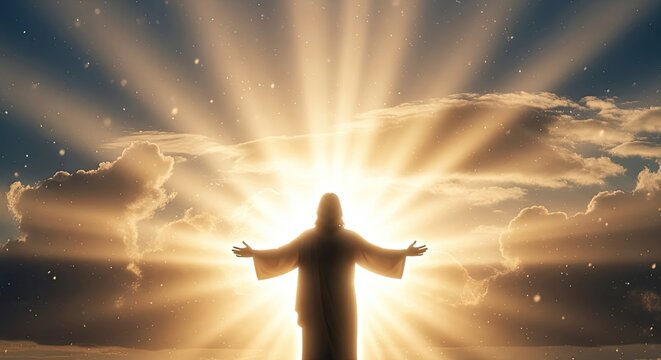 Silhouette of Person with Outstretched Arms against Bright Light.
