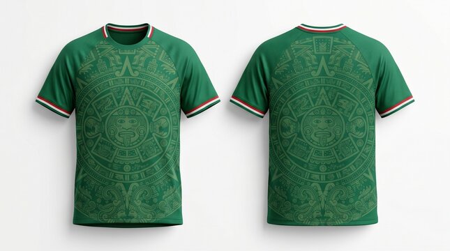 Green soccer jersey with aztec sun stone pattern isolated on white background