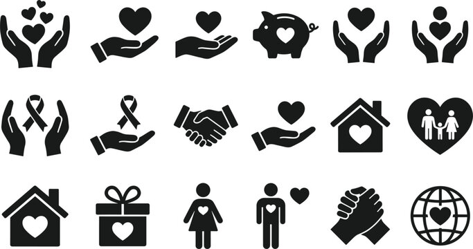 Charity donation and community care icon vector set collection in black solid silhouette design styles