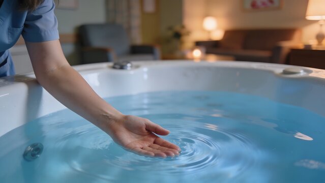 Close up of a hand checking the temperature of water in a white birthing tub or spa pool in a calm indoor setting.