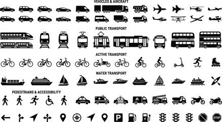 Comprehensive collection of transportation icons including vehicles, aircraft, public transit, watercraft, and road symbols © Anonto