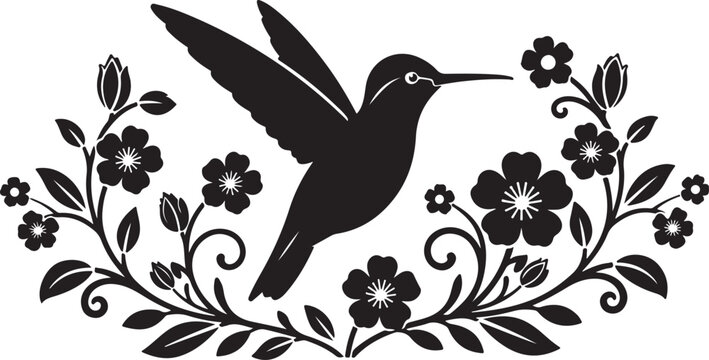 Black hummingbird, floral wreath, vector silhouette, decorative bird, flower arrangement