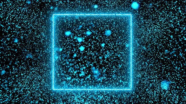 A dynamic animation of a bright blue neon square frame drawing itself on a solid black background before suddenly exploding into a spectacular cloud of glowing particles