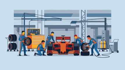 Fototapeta premium Race car pit stop in busy garage with crew.
