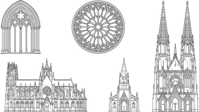 Detailed Gothic cathedral architectural drawings featuring rose windows, pointed arches, spires, and ornate medieval church fa&ccedil;ades