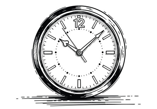 Classic round analog clock with hour and minute hands showing time in hand drawn sketch style isolated on white background for business time management.