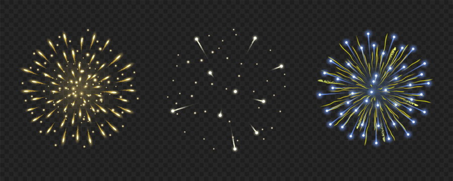 Blue and yellow fireworks explode on dark transparent background festive celebration concept.