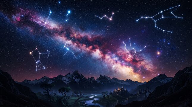 Celestial Splendor: Milky Way and Constellations Over a Fantasy Mountain Landscape