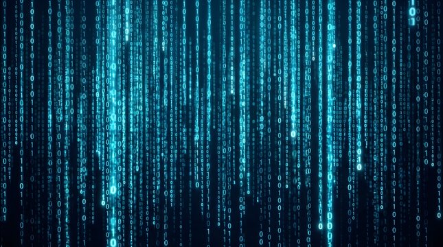 Digital binary code matrix background with glowing teal data stream
