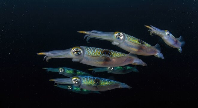 Squid Swimming Together in Dark Water.