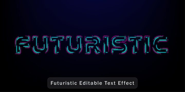 Futuristic neon text effect with glowing blue and pink lines on a dark background