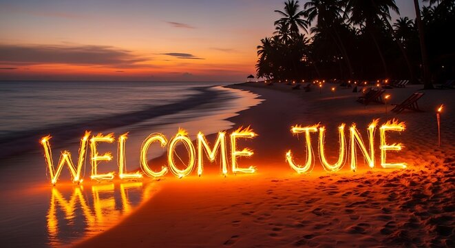 Golden sunset over rural road with welcome June text overlay.