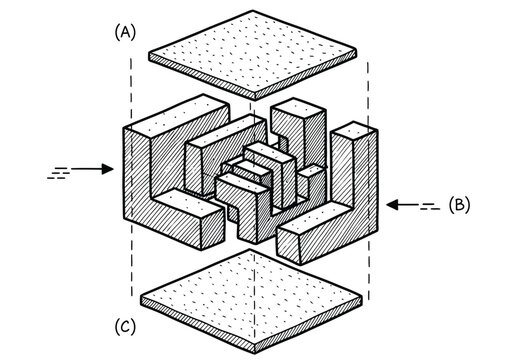 exploded isometric view of abstract geometric blocks and shapes with arrows indicating movement and separate top and bottom pieces.