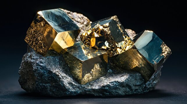 Golden pyrite mineral cluster with metallic cubic crystals on dark black background