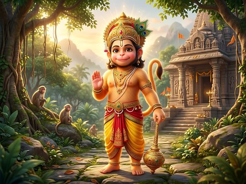 Cute Baby Hanuman in Sacred Temple Garden Cartoon Illustration