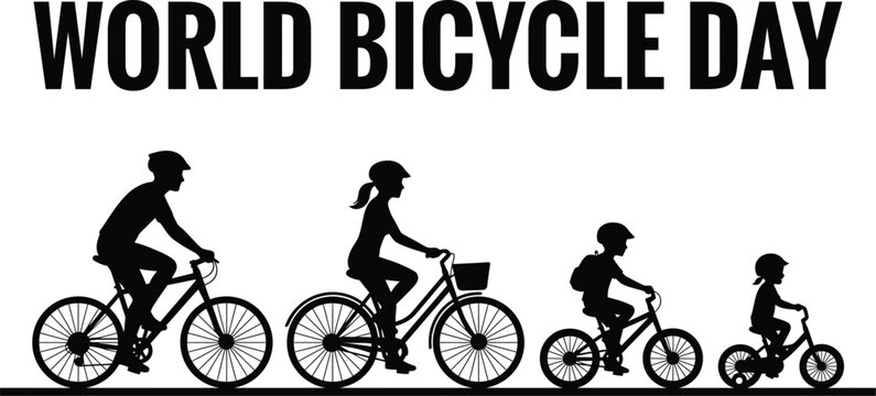 Celebrating world bicycle day family cycling silhouette with bikes and helmets for health and recreation