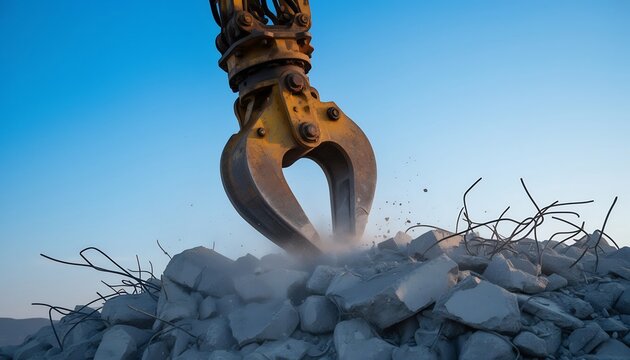 建設機械が瓦礫を掴む 晴れた空の下 demolition scene