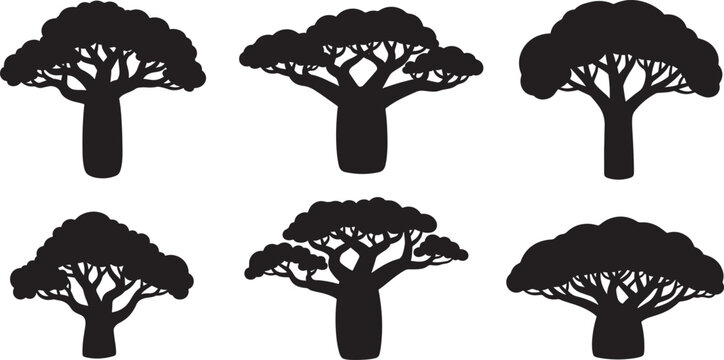 African baobab tree silhouettes collection exotic savanna plants high quality vector silhouette design element.