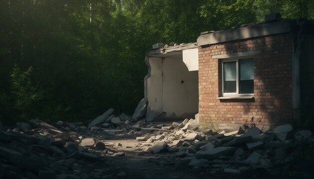 廃墟の建物 森林の中 荒廃した風景 夕暮れ時の柔らかな光