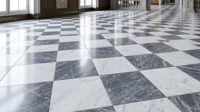 Luxurious polished marble checkerboard floor in a grand architectural interior space