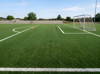 Fototapeta premium Empty Artificial Turf Soccer Field with Goal and White Markings