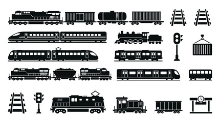Black train locomotive railway transport icons. © Okik