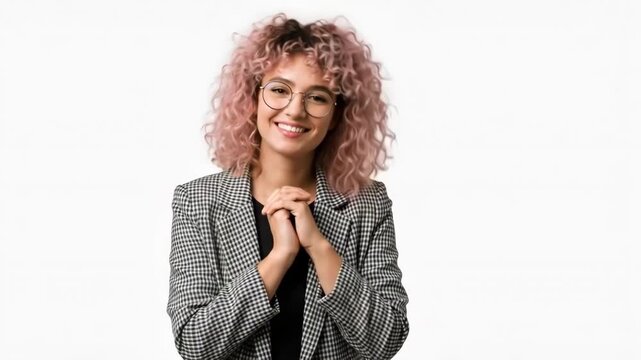 Smiling woman with curly pink hair in checkered blazer