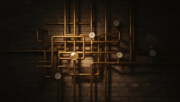 銅管が複雑に絡み合う工業的な配管システム、測定器も配置