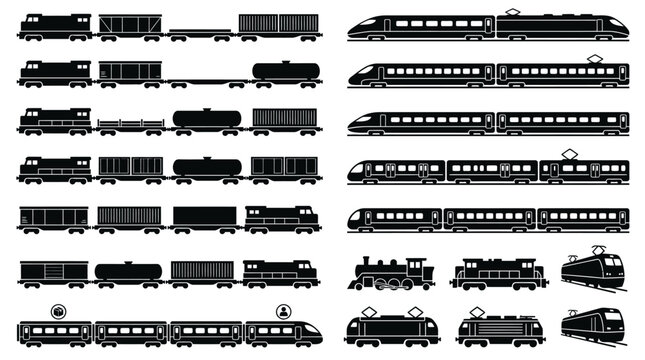 Collection of train locomotives and carriages.