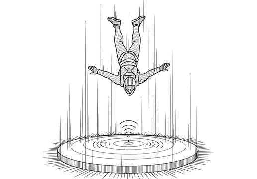 Skydiver falling towards landing pad with ripple effect symbolizing extreme sports freefall jump parachute descent and adventure readiness for impact.