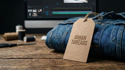 Craftsmanship and textile design concept with denim clothing and branding tag