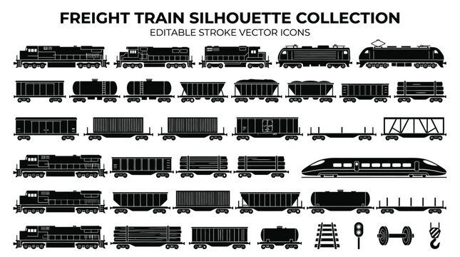 Freight train silhouette vector icons set.