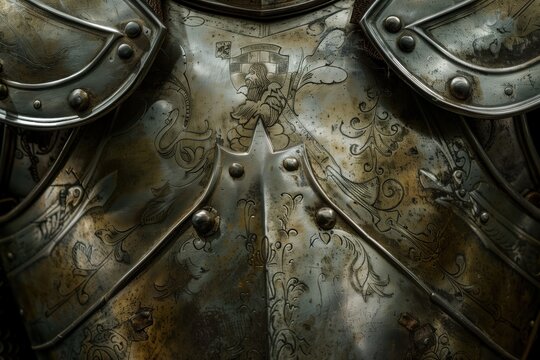 Detailed medieval knight armor with engraved metal patterns. AI-generated.