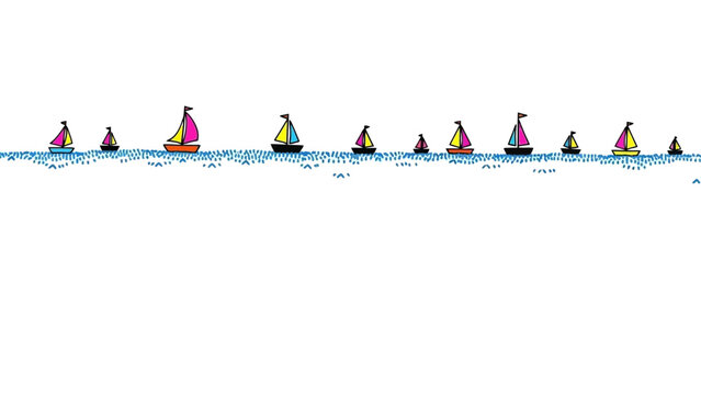 colorful cartoon sailboats floating on a minimalist blue water line perfect for a simple journey or background design
