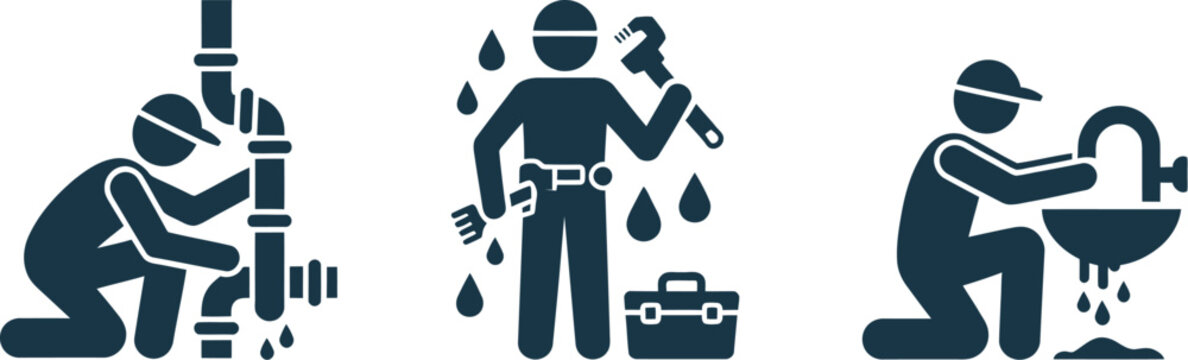 Plumbing service, icon vector, technician with wrench fixing sink pipe with water drops representing maintenance and repair craftsmanship.