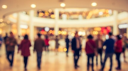 Fototapeta premium Blurred interior of busy shopping mall with people walking and bokeh lights in background