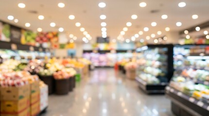Abstract blurred background of supermarket produce section with colorful shelves and bright bokeh light orbs creating soft retail atmosphere for commercial food marketing visuals