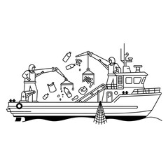 Naklejka premium Ocean Cleanup Boat with Workers, Eco-Friendly Vector Illustration