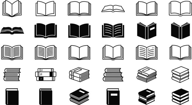 Minimalist book vector icons set featuring open books stacks and closed novels for education design